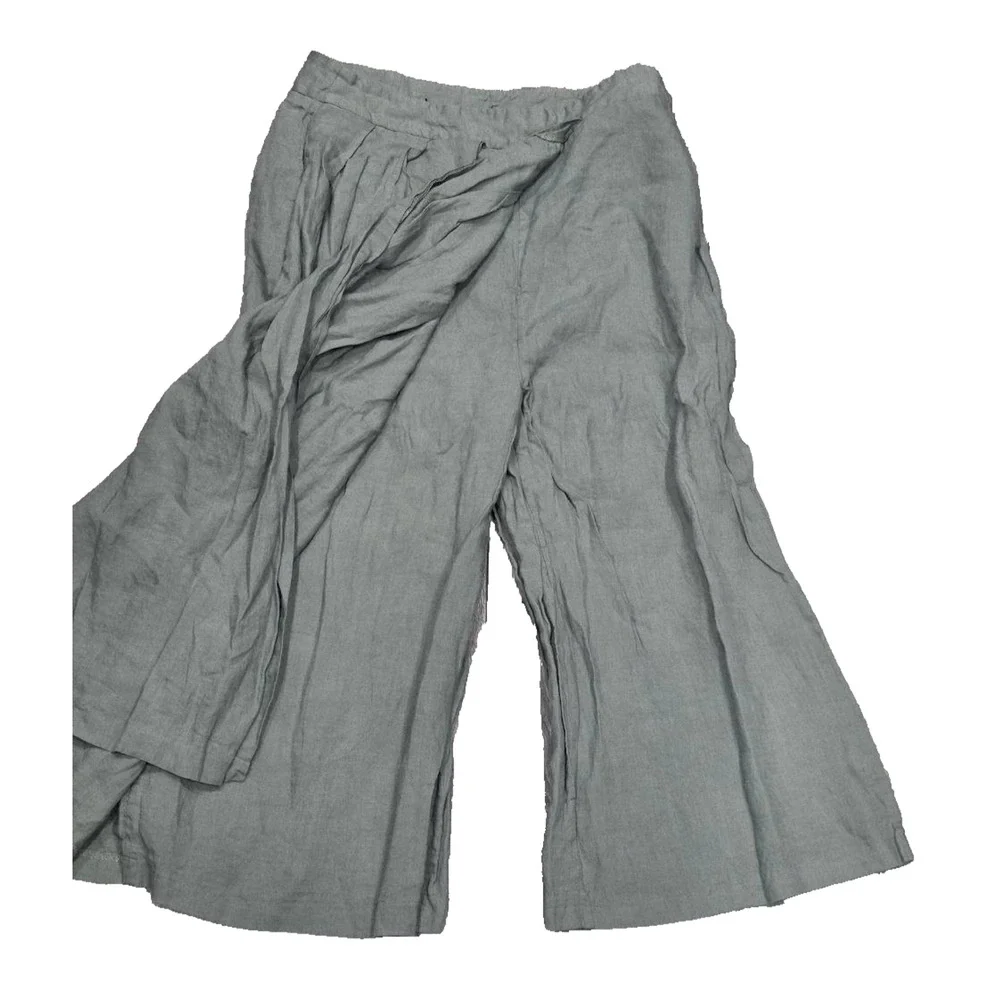 Zara Olive 100% linen Green Y2K Wrap wide leg crop Pants Medium A004758